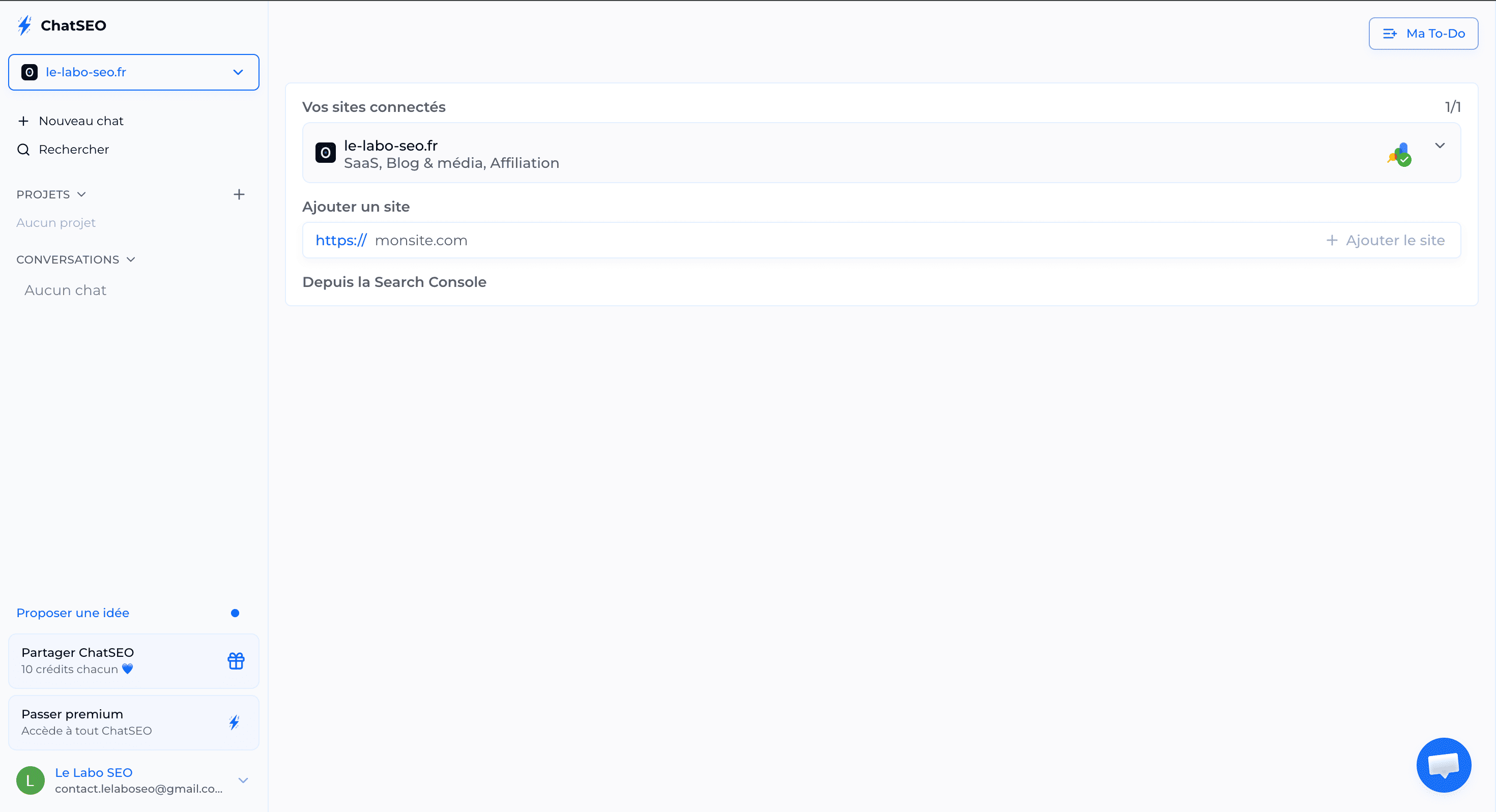 Interface ChatSEO avec sites connectés à la Google Search Console