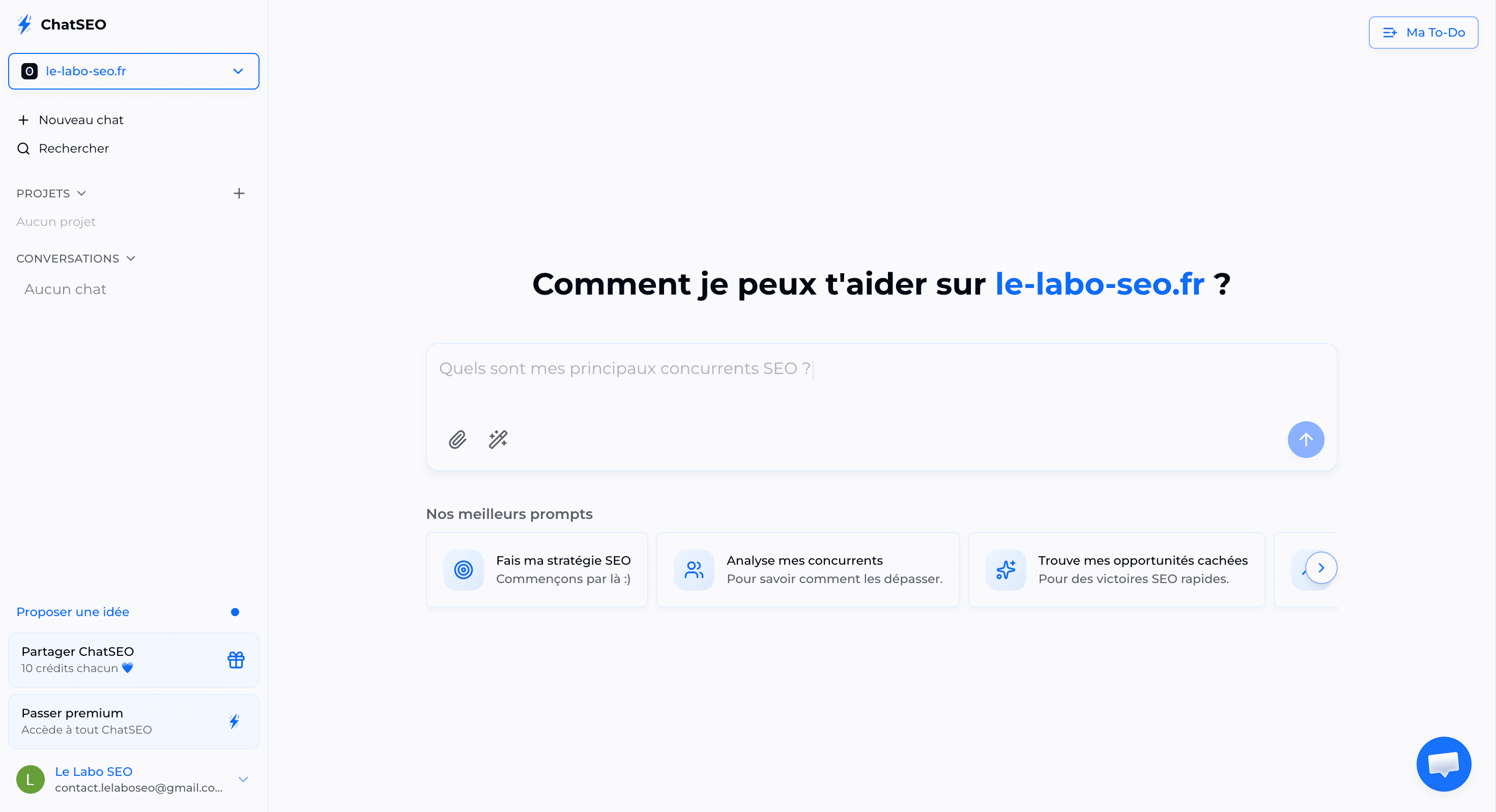 Interface de Recherche SEO sur ChatSEO avec prompts pré-enregistrés