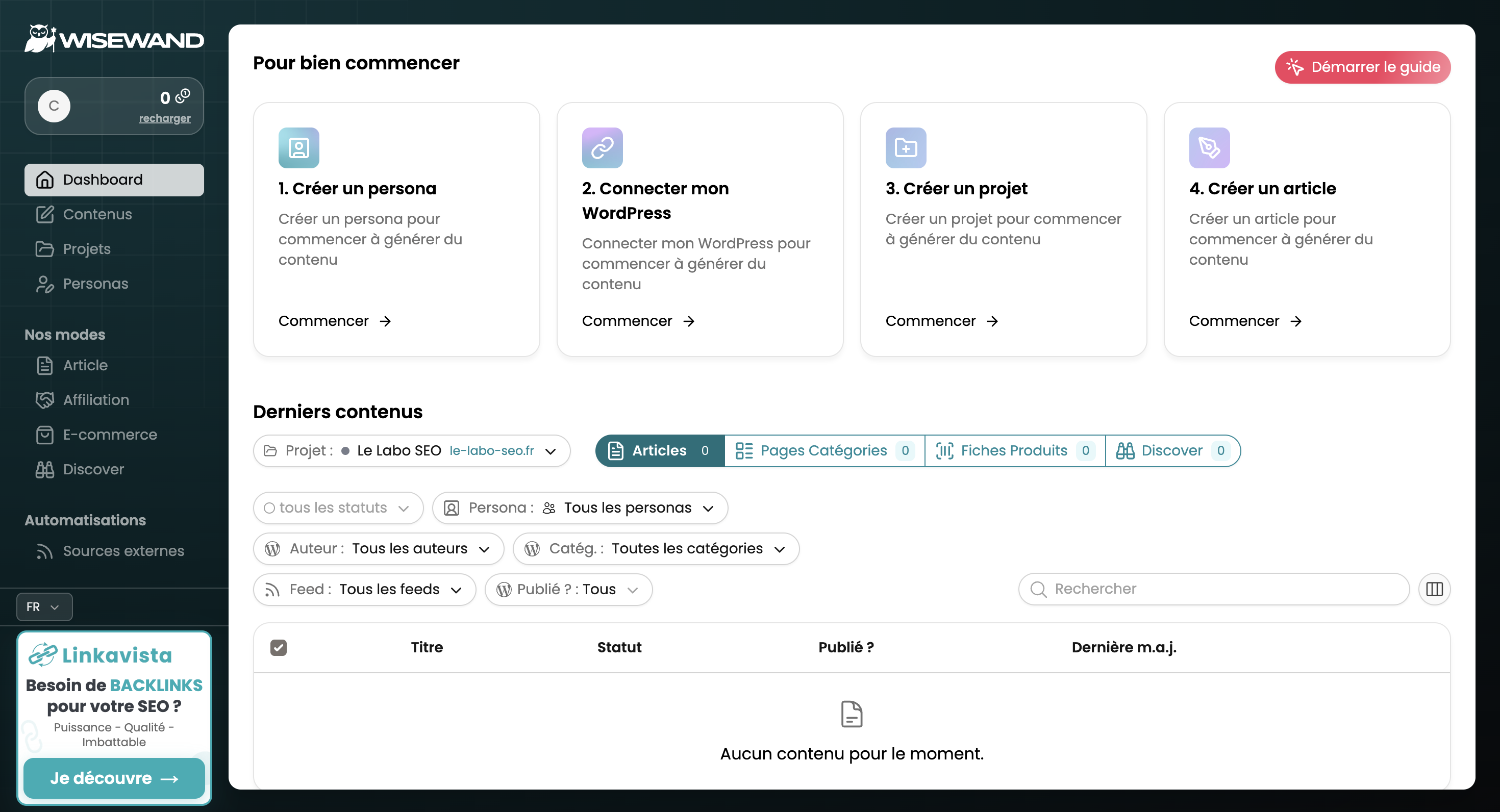 Interface de configuration d'un projet SEO sur le tableau de bord Wisewand