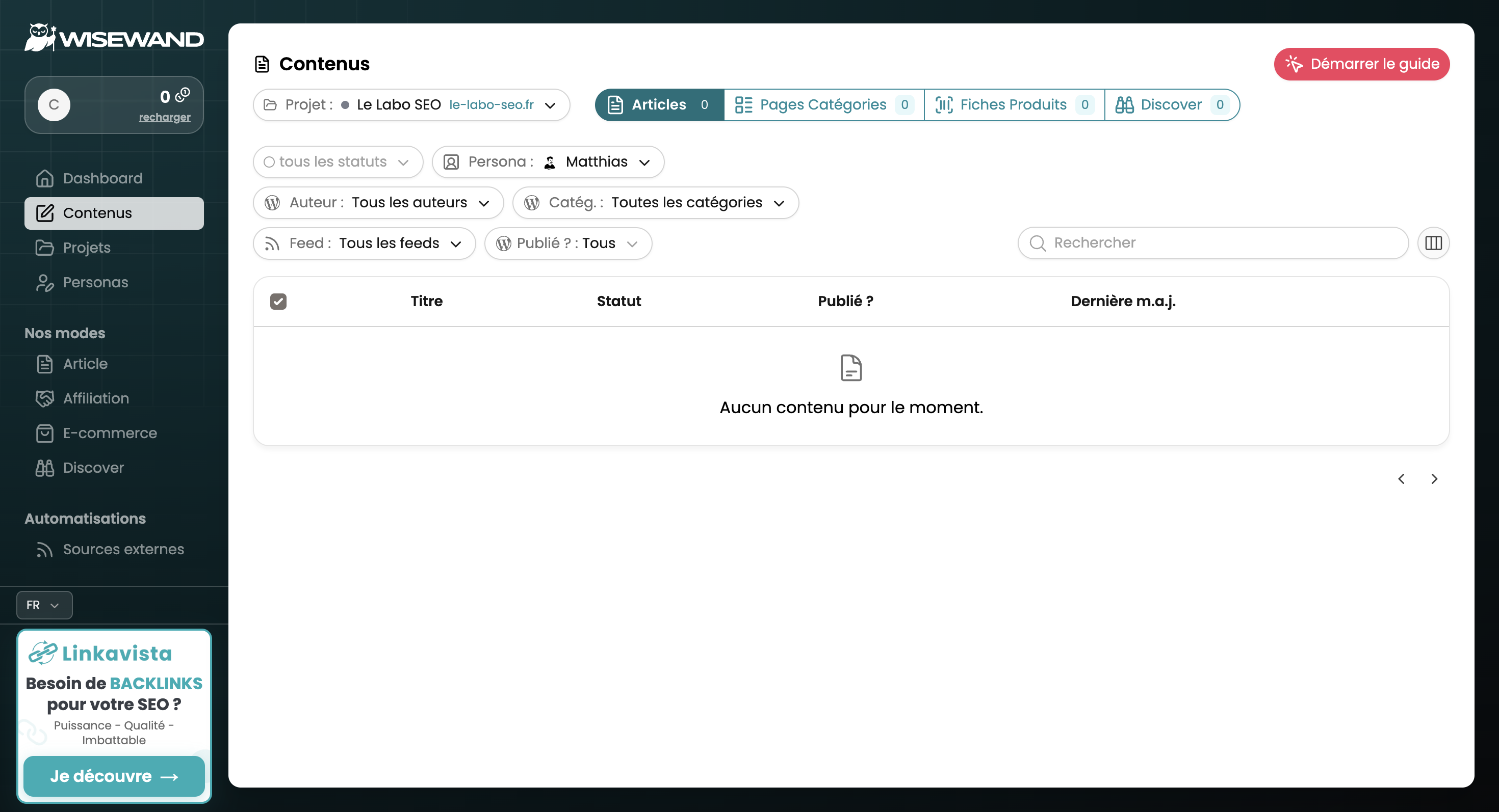 Dashboard Wisewand Création de cocons sémantiques