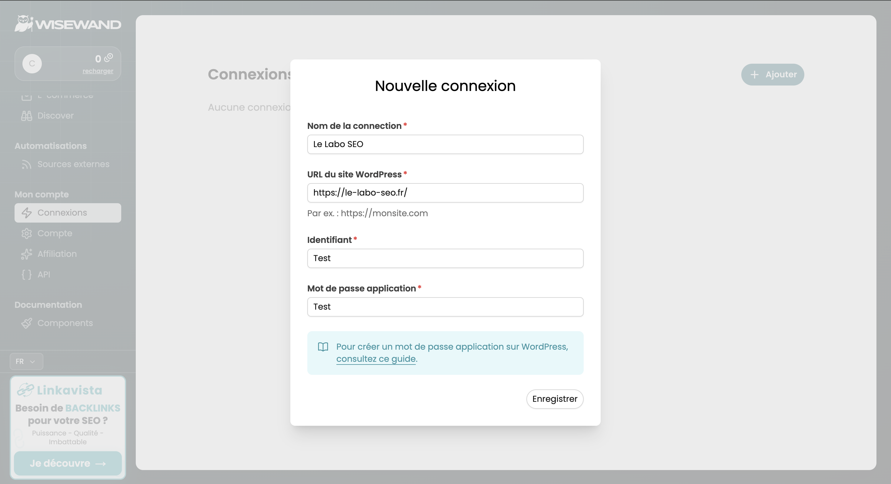 Menu des intégrations WordPress et Shopify sur Wisewand