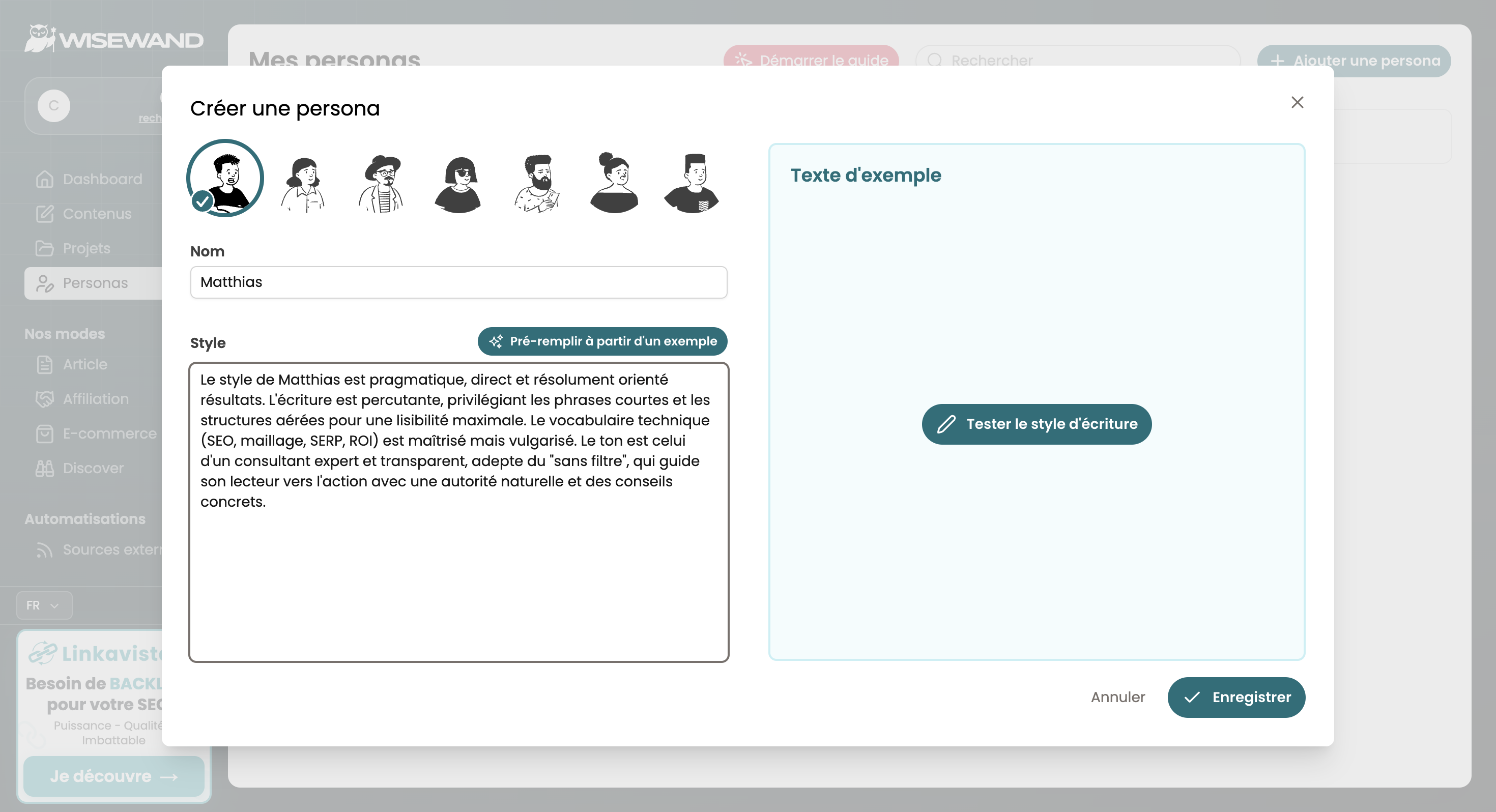 Options de personnalisation et choix des personas sur Wisewand